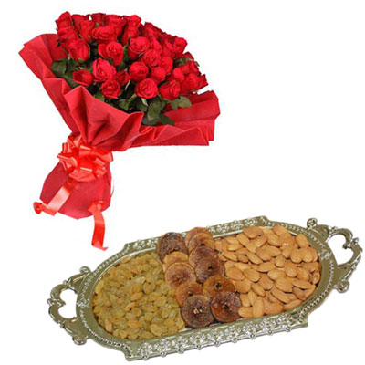 "Dryfruit Thali, 25 Red roses - Click here to View more details about this Product